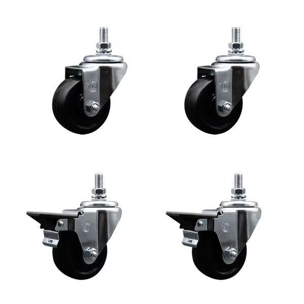 3 Inch Soft Rubber 10 MM Threaded Stem Caster Set 2 Brakes SCC, Service Caster, Mfr#: SCC-TS20S314-SRS-M1015-2-PLB-2